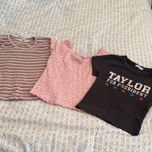 Taylor For President Black Graphic Tee + Pink Knit Top + Brown Striped Tee - Set